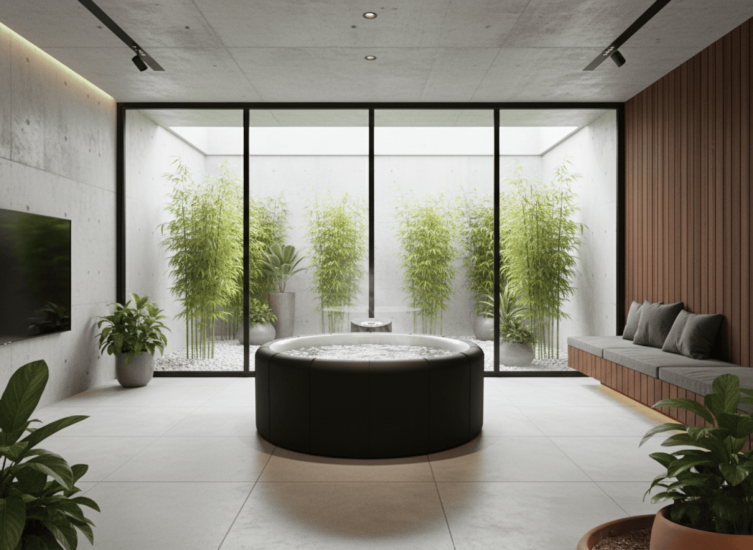 A modern indoor spa room features a round black whirlpool, a cushioned wooden bench, potted plants and a large glass wall showing a minimalist courtyard with bamboo.