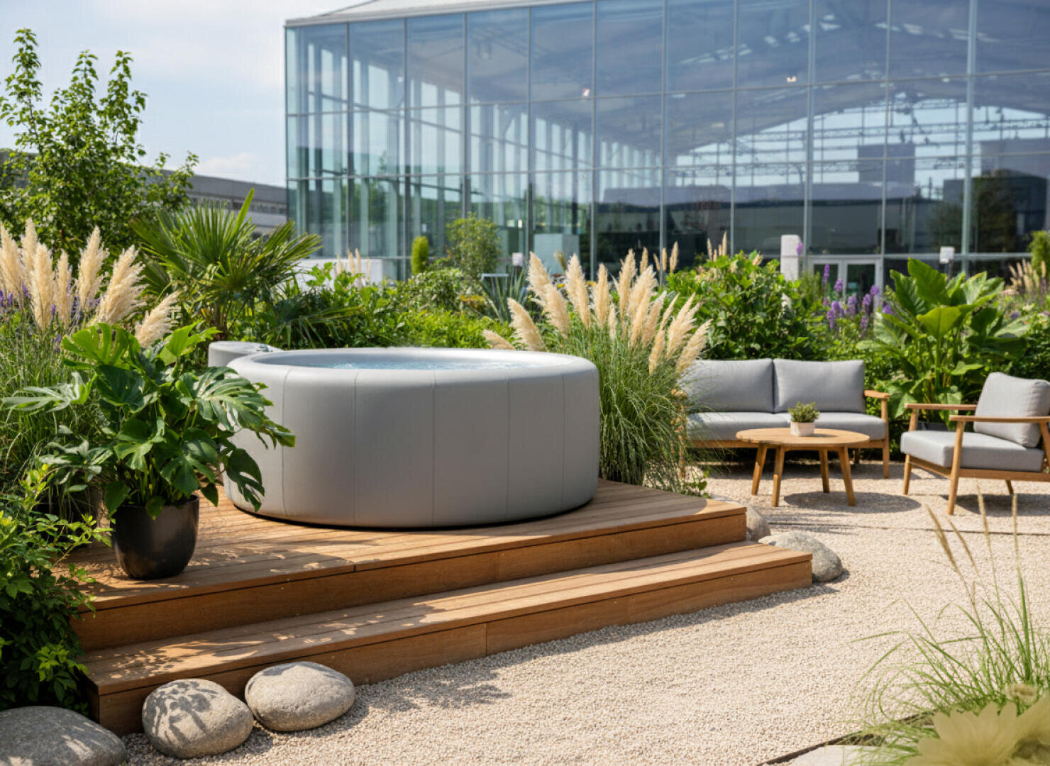 A modern outdoor terrace with a round gray whirlpool on wooden steps, surrounded by lush green plants, a seating area with sofa and chairs, a table and decorative stones in a landscaped garden. A glass building can be seen in the background.