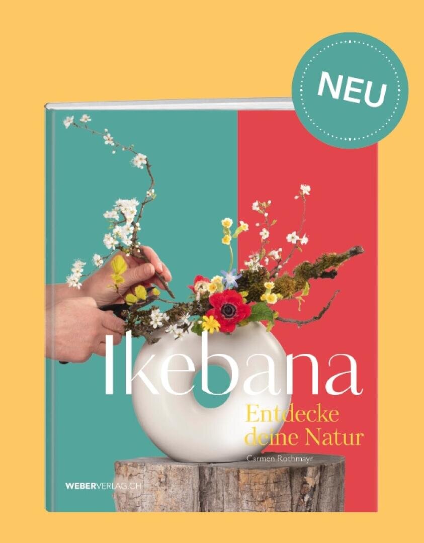 Book cover of Ikebana: Discover Your Nature features hands arranging flowers in a white vase against a split red and teal background, with a NEW label in the upper right corner.