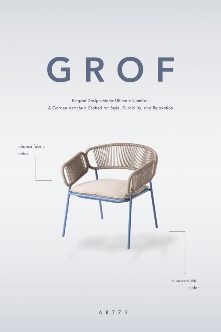 Ein moderner Gartensessel mit runder Seilrückenlehne, hellem Sitzkissen und blauen Metallbeinen. Der Text hebt die Optionen zur Auswahl der Stoff- und Metallfarben hervor. Der Markenname GROF erscheint oberhalb des Sessels.