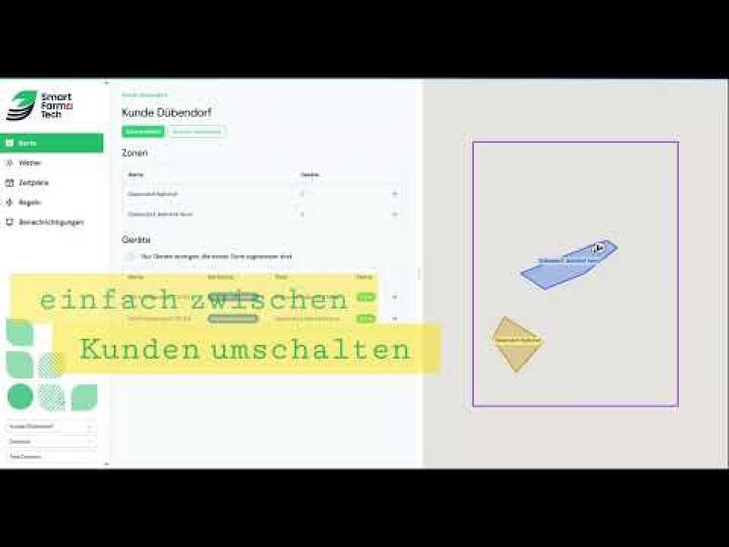 Ein Computerbildschirm zeigt eine Software-Schnittstelle mit einem Seitenmenü auf der linken Seite und einer Grafik mit zwei geometrischen Formen auf der rechten Seite. Der eingeblendete Text lautet "Einfach zwischen Kunden umschalten".