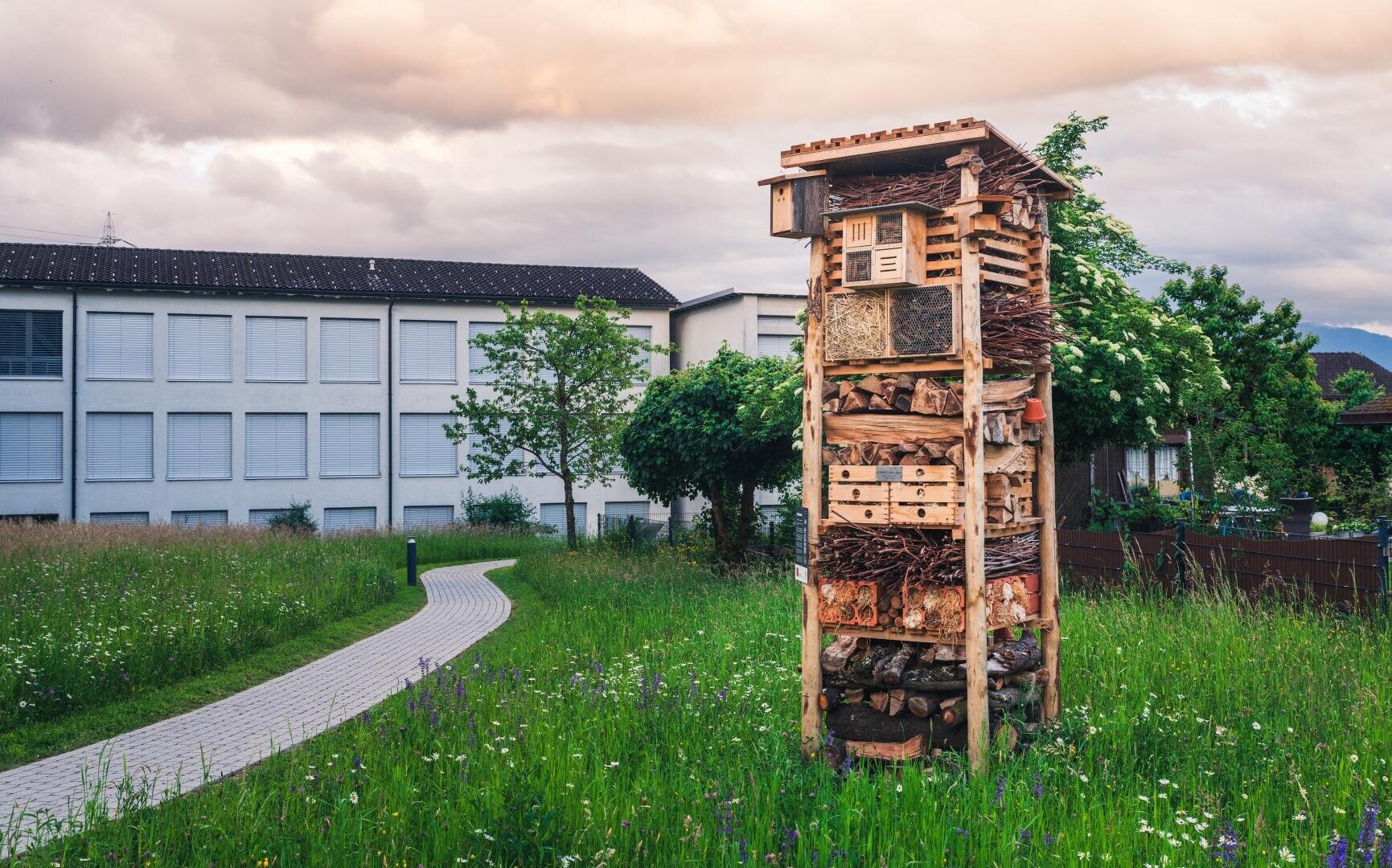 Eine Holzstruktur mit vielen Gegenständen darauf.