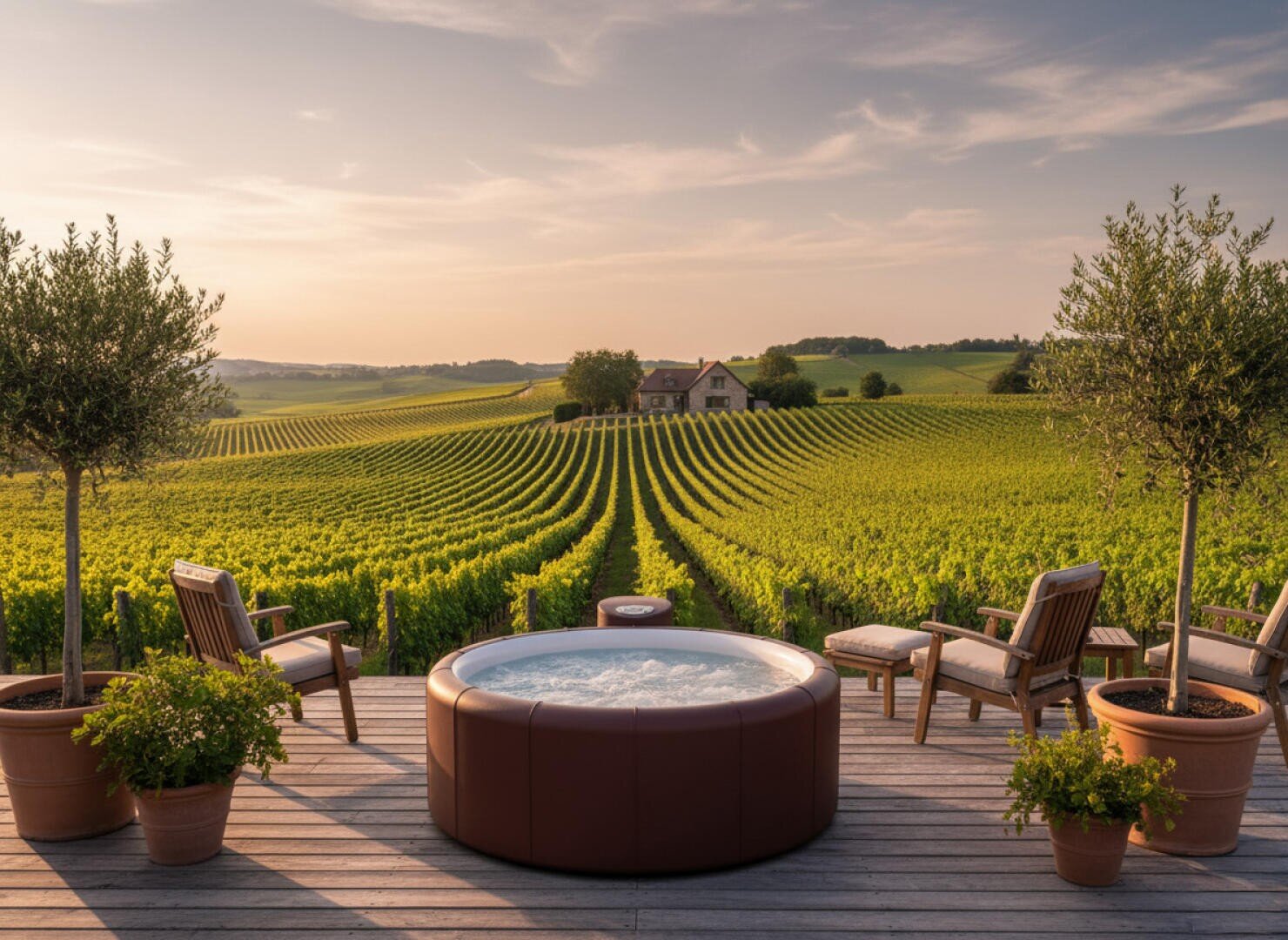 A round hot tub on a wooden deck offers a view of the manicured rows of a vineyard at sunset. Four cushioned chairs and potted plants surround the tub. A house stands amid green fields under a slightly cloudy sky.