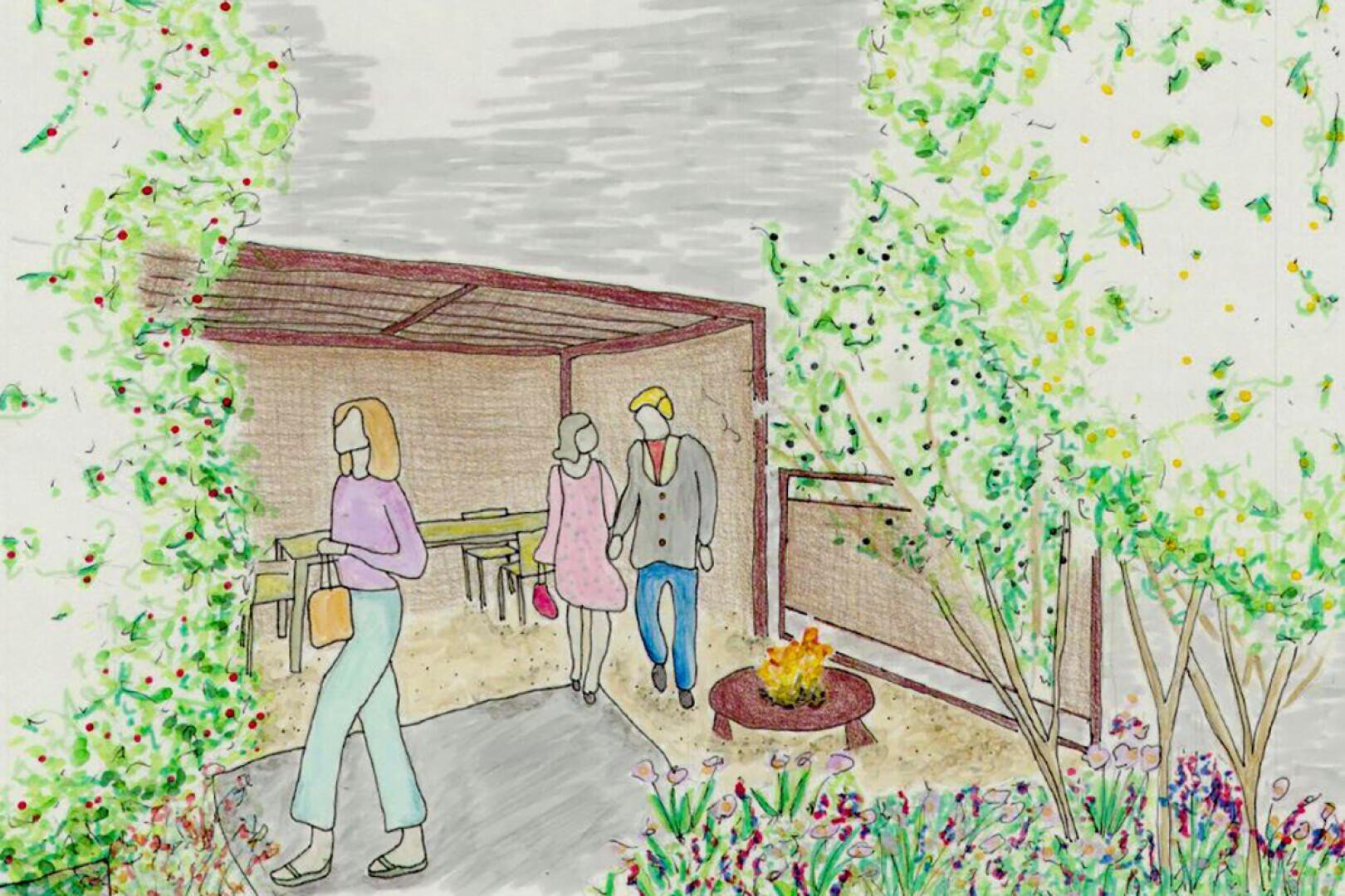 Eine Illustration von drei Personen in einem Garten mit üppigem Grün. Zwei Personen gehen zusammen in der Nähe einer Feuerstelle, während eine andere Person allein geht, vorbei an offenen Sitzgelegenheiten unter einem hölzernen Vordach. Blühende Pflanzen und Bäume umgeben den Bereich.