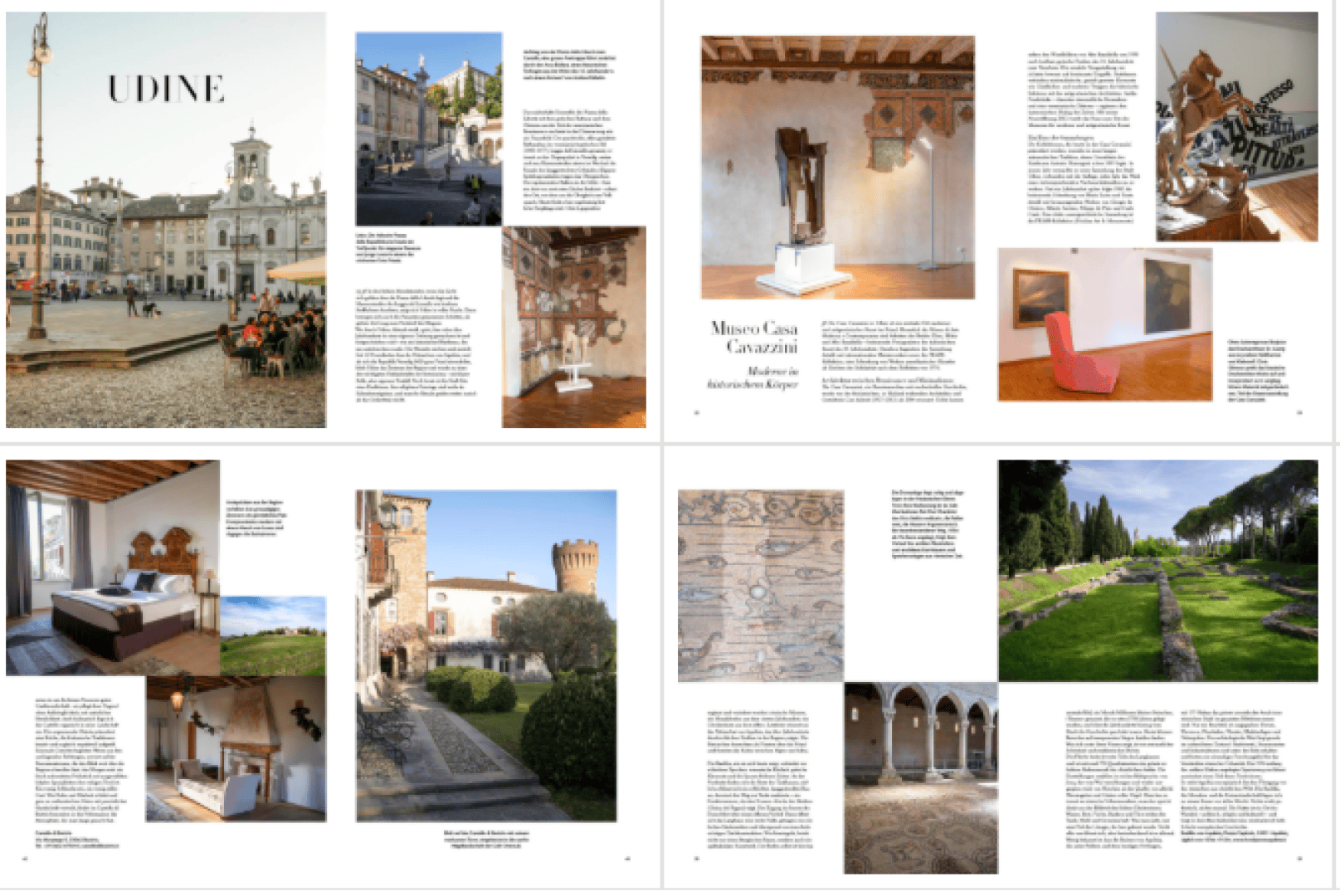 Ein Magazin über Udine mit Fotos von historischen Gebäuden, Kunstwerken, Museumsinterieurs, Szenen im Freien, Mosaiken und Gärten, mit beschreibendem Text auf jeder Seite und einem Schwerpunkt auf lokaler Kultur und Sehenswürdigkeiten.