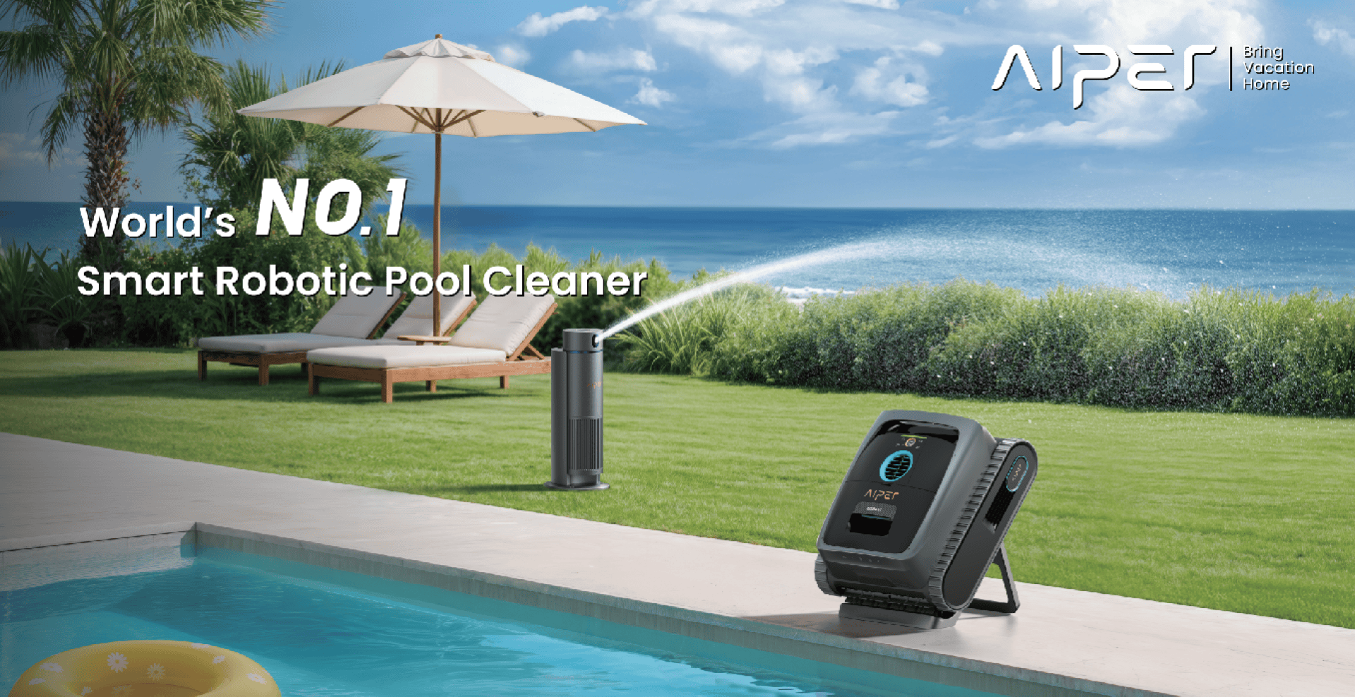 An intelligent pool cleaning robot sits by a pool with clear water, palm trees and a parasol in the background. The text reads: "World's No.1 Smart Robotic Pool Cleaner and Aiper-Bringing Vacations Home".