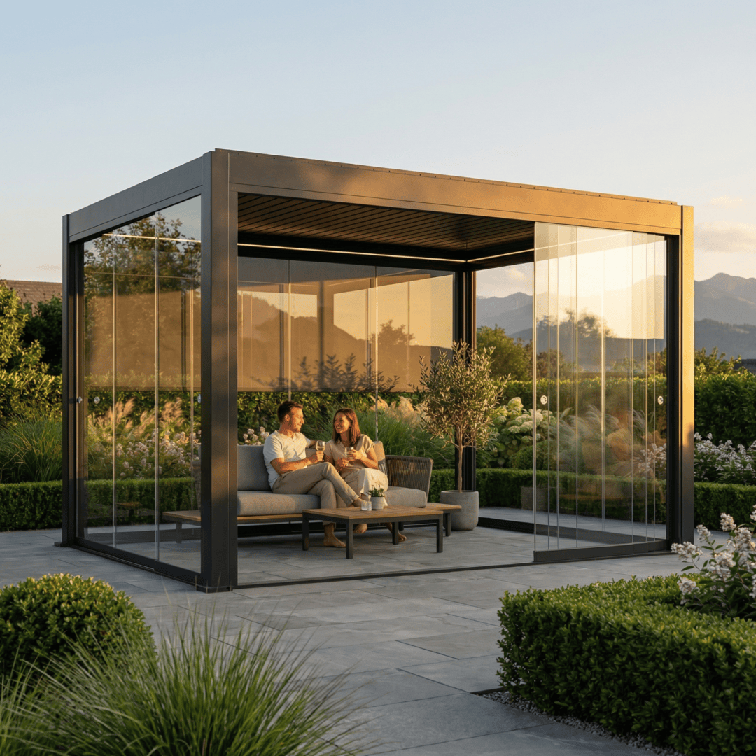 A couple sits on a sofa in a modern glass pavilion, surrounded by lush greenery and shrubs, with the mountains in the background at sunset.