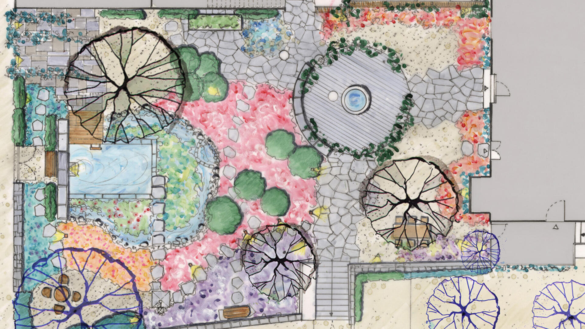 Ein farbenfroher Landschaftsgestaltungsplan zeigt Bäume, Pflanzen, eine runde Terrasse mit einem Brunnen, Steinwege, einen Pool und eine Mischung aus grünen und rosafarbenen Gartenbereichen, die ein Gebäude umgeben.