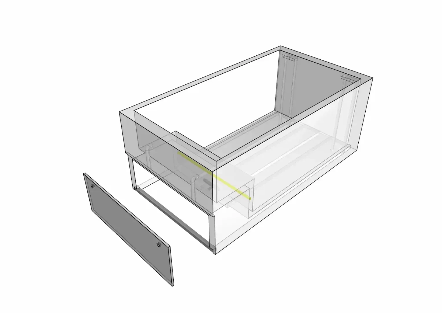 Ein transparenter rechteckiger 3D-Kasten mit offener Vorderseite; vorne ist eine abgetrennte flache Platte abgebildet, die so ausgerichtet ist, als würde sie auf die offene Seite passen. Innere Details und Fächer sind im Inneren des Kastens sichtbar.