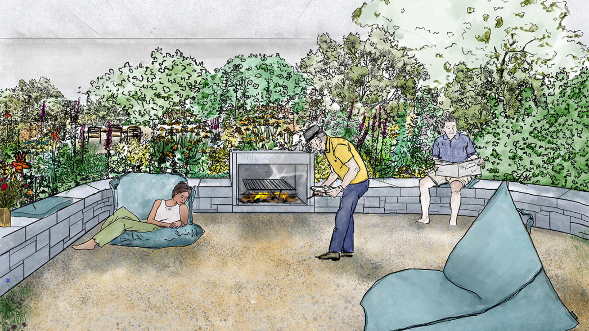 Illustration einer Gartenterrasse mit üppigem Grün, einem Steinkamin und drei Personen, die sich entspannen - eine auf einem Sitzsack, eine, die auf einer niedrigen Mauer sitzt und liest, und eine, die am Feuer steht und Holzscheite nachlegt.