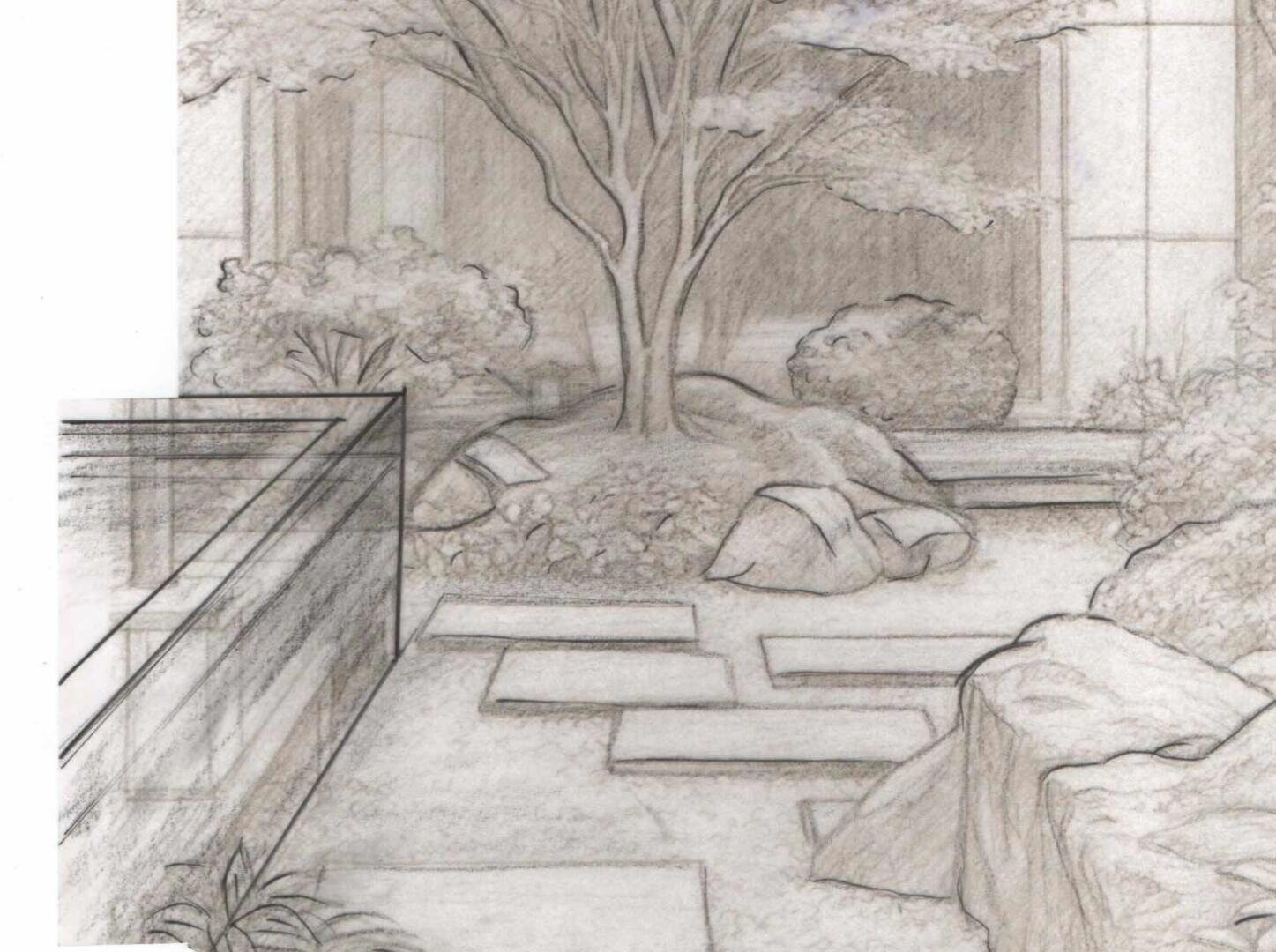 Eine Bleistiftskizze eines Gartens zeigt Steinstufen, Felsen, Büsche und einen Baum in der Mitte. Auf der linken Seite befindet sich ein Glasgeländer, und im Hintergrund sind Gebäudemauern und Fenster zu sehen.