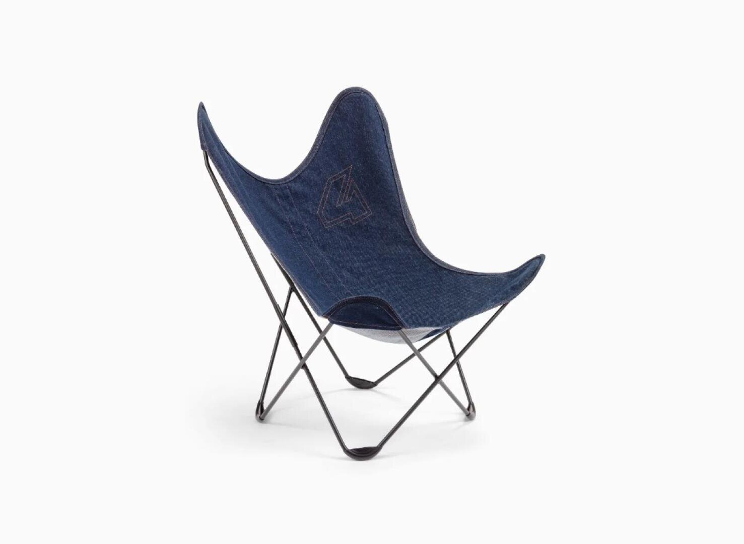 A modern butterfly chair with a dark blue denim seat and black metal frame against a plain white background.