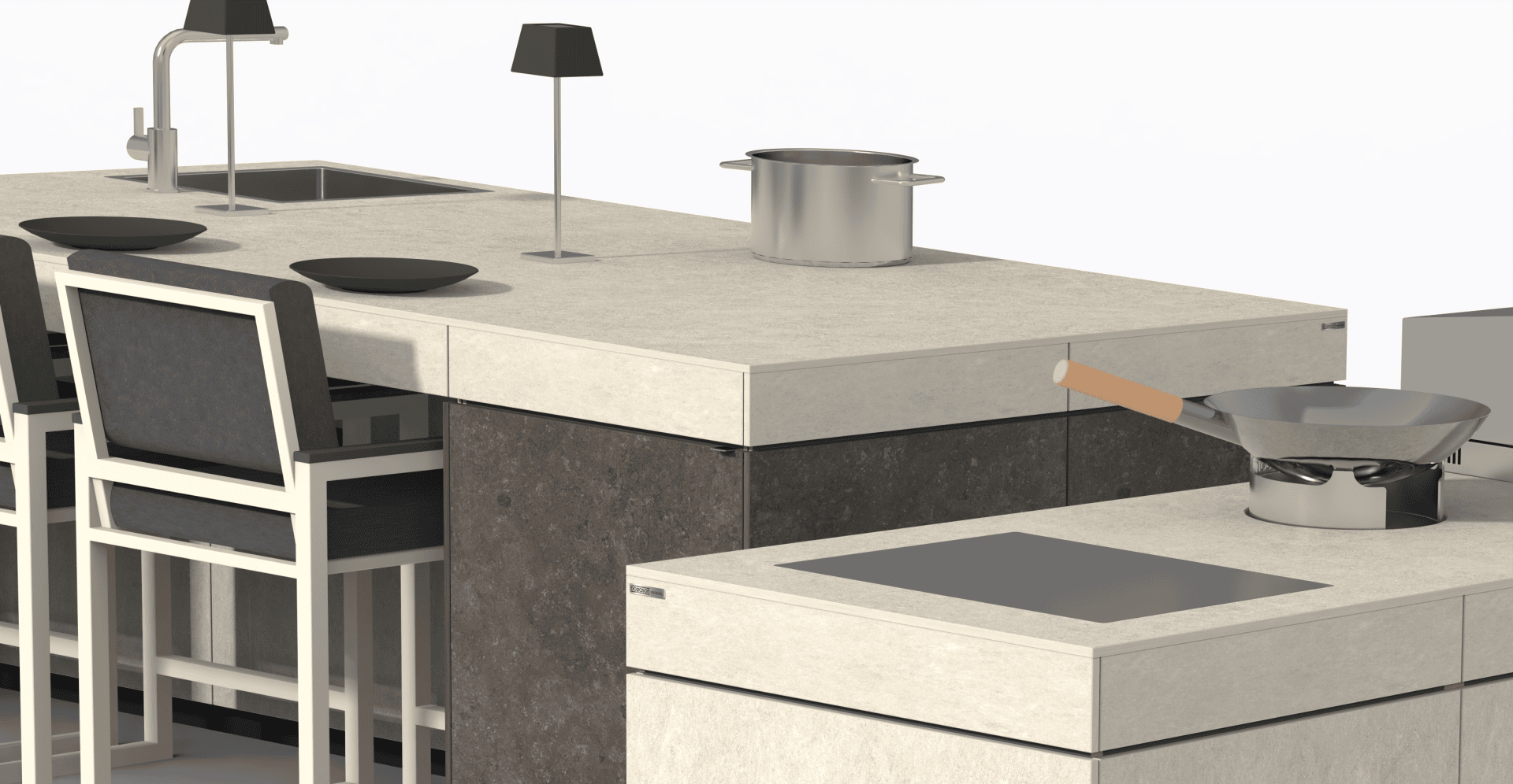 Moderne Küche mit beigen Arbeitsplatten, schwarzen und weißen Barhockern, einer Spüle, zwei Lampen, schwarzen Tellern, einem Topf auf der Theke und einem Wok auf einem Induktionskochfeld. Sauberes, minimalistisches Design und neutrale Farben.