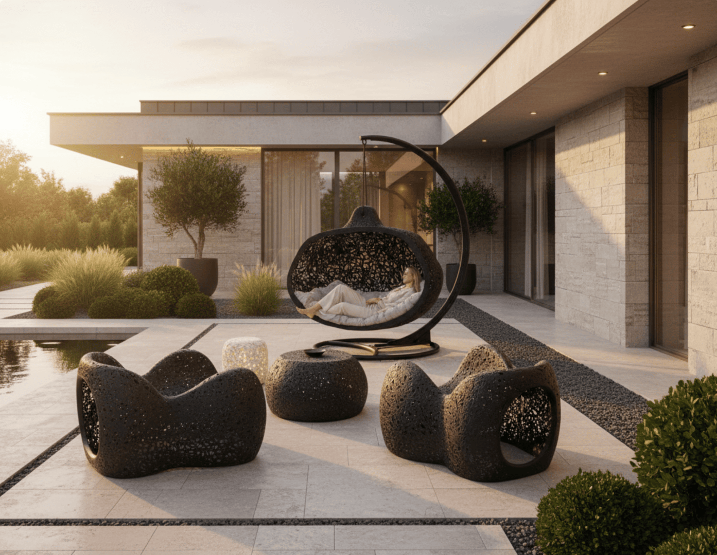 Moderne Terrasse mit schwarzen Gartenmöbeln und einem Hängesessel, der von einer Person besetzt ist, neben einem Pool und umgeben von Grün, vor einem modernen Haus bei Sonnenuntergang.