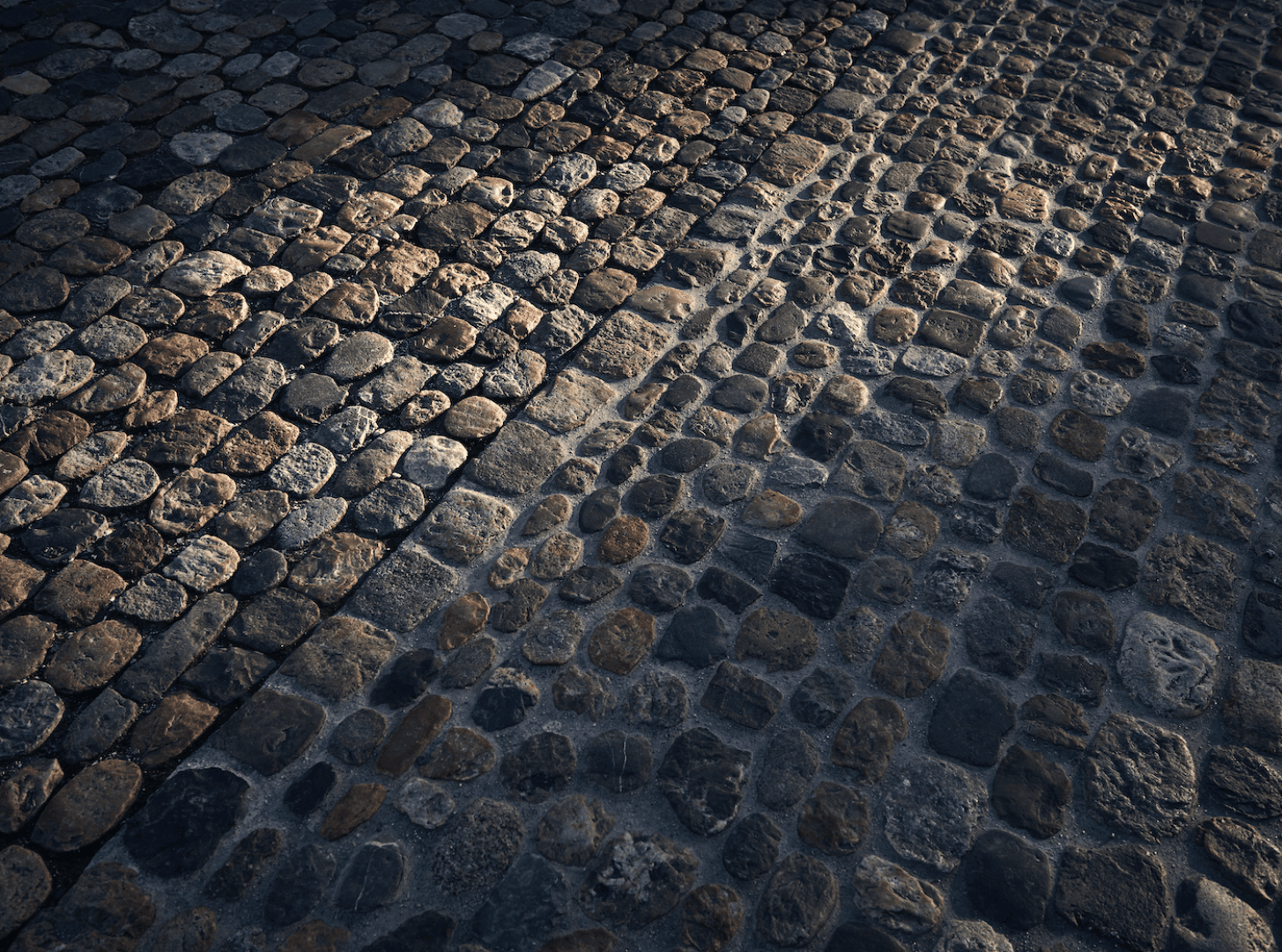The sunlight casts shadows on an old cobblestone pavement, highlighting the uneven texture and the different shades of gray and brown of the stones.