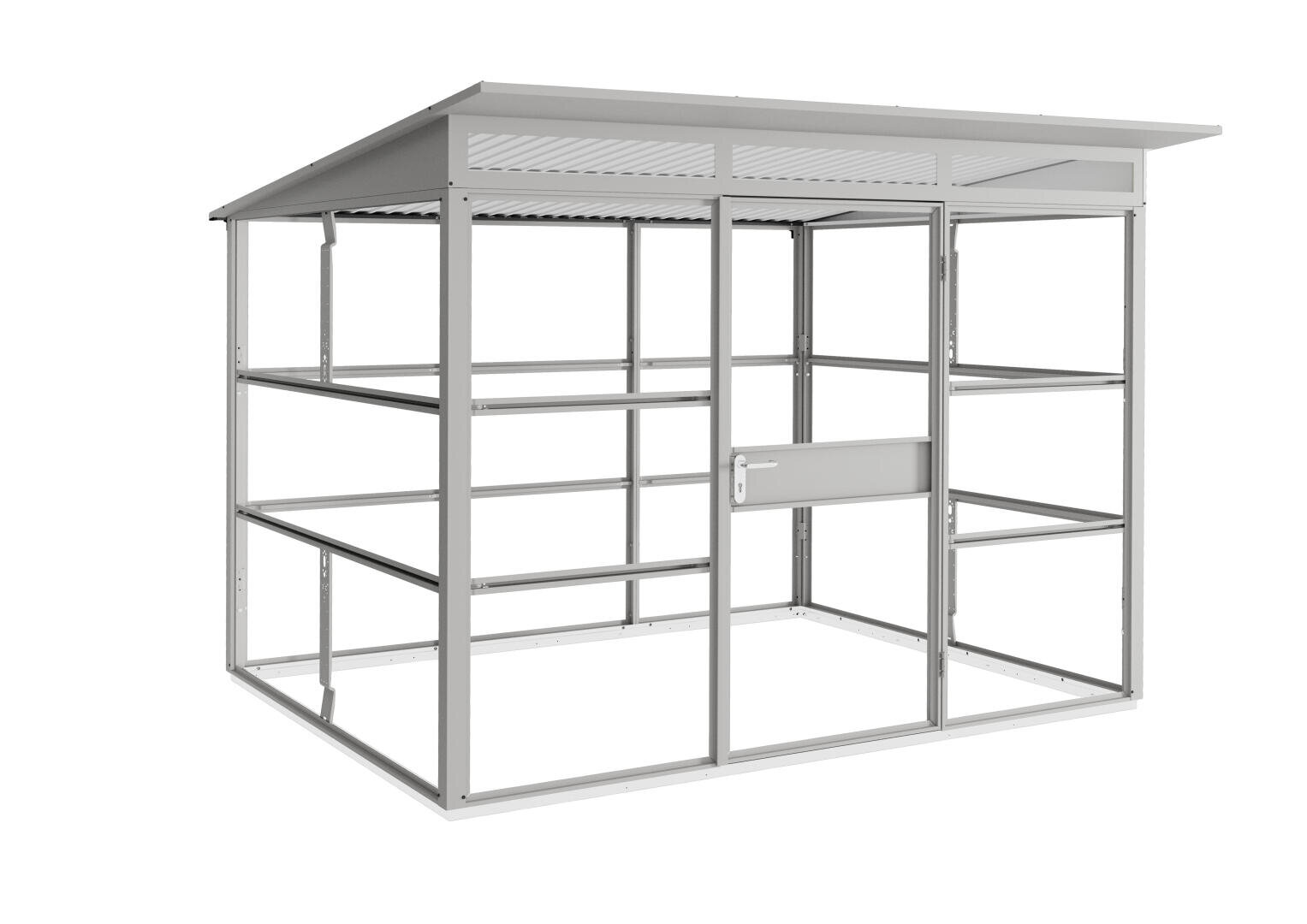 A 3D representation of a metal frame construction for a shed or greenhouse with a sloping roof, open sides and a door with a handle, all in a light grey color.