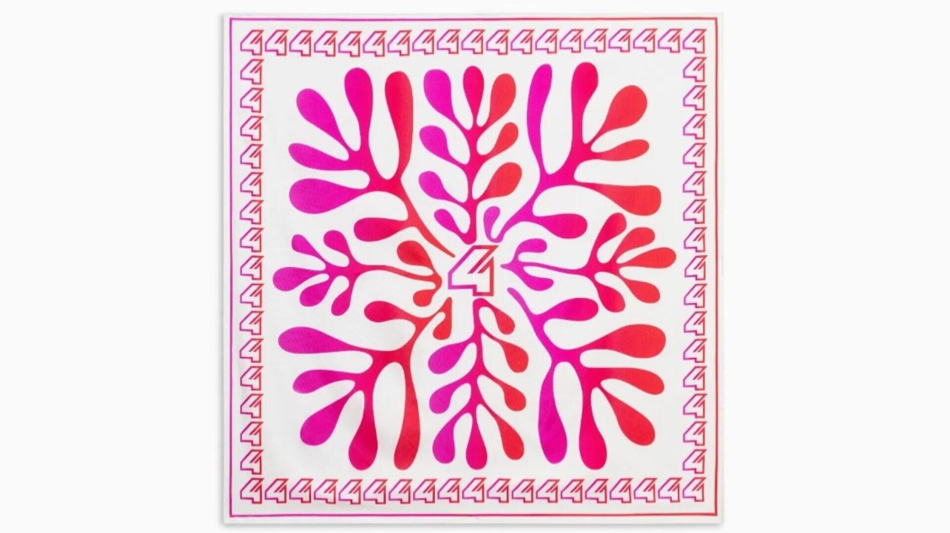 A square design with bold pink and red abstract leaf shapes emanating from a central number 4, with a border of repeating 4s around the edges on a white background.