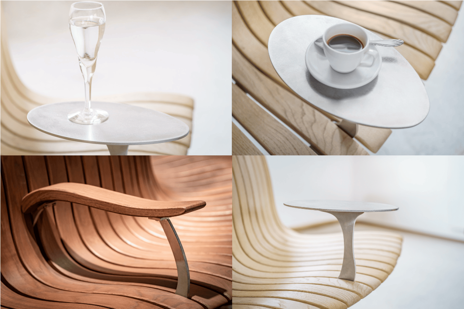 Eine Collage aus vier Bildern zeigt einen modernen Holzstuhl mit geschwungenem Design und einem eingebauten Tisch. Auf dem Tisch steht auf einem Bild ein Glas Sprudelwasser, auf einem anderen eine Tasse Kaffee. Nahaufnahmen heben die Details des Stuhls hervor.