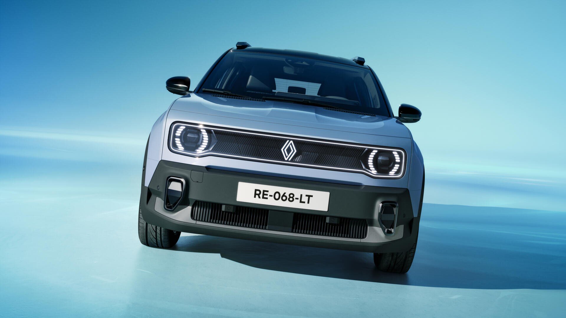 Front view of a light blue Renault with circular LED headlights and a white license plate with the inscription "RE-068-LT" against a blue background with color gradient.