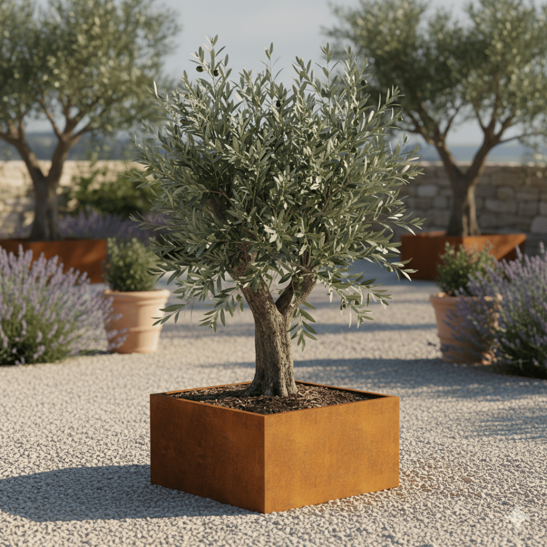 A small olive tree grows in a square, rust-colored planter on a gravel terrace, surrounded by other potted plants and lavender bushes, with olive trees and a stone wall in the background.