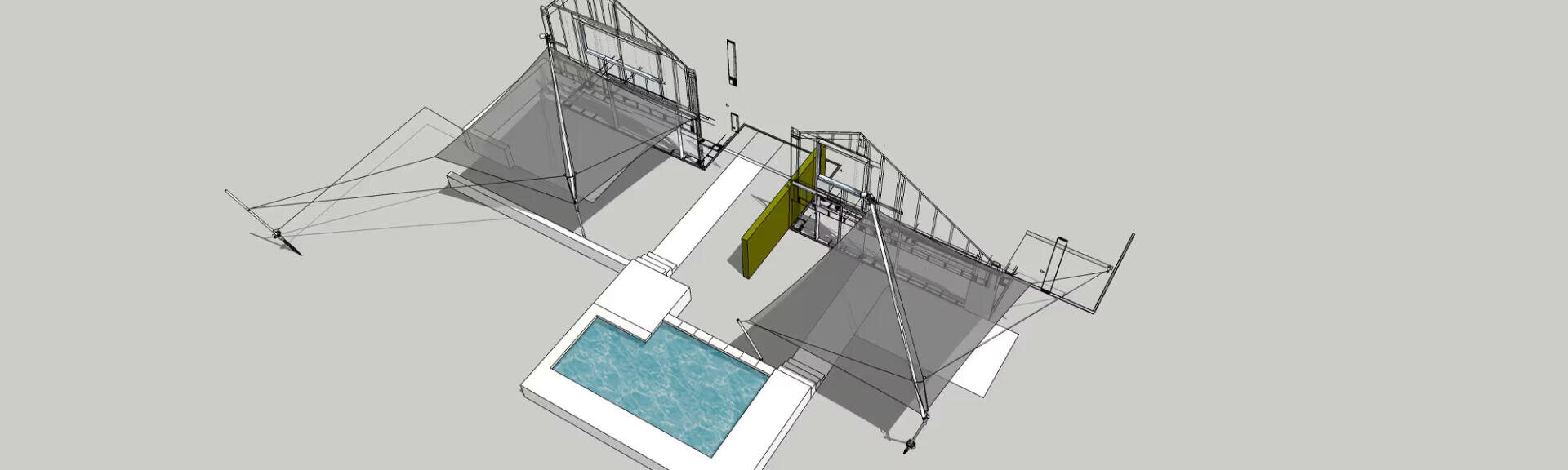 An architectural 3D rendering shows a pool surrounded by white decking and adjacent to two open glass structures with metal frames and shaded areas, viewed from an elevated angle.