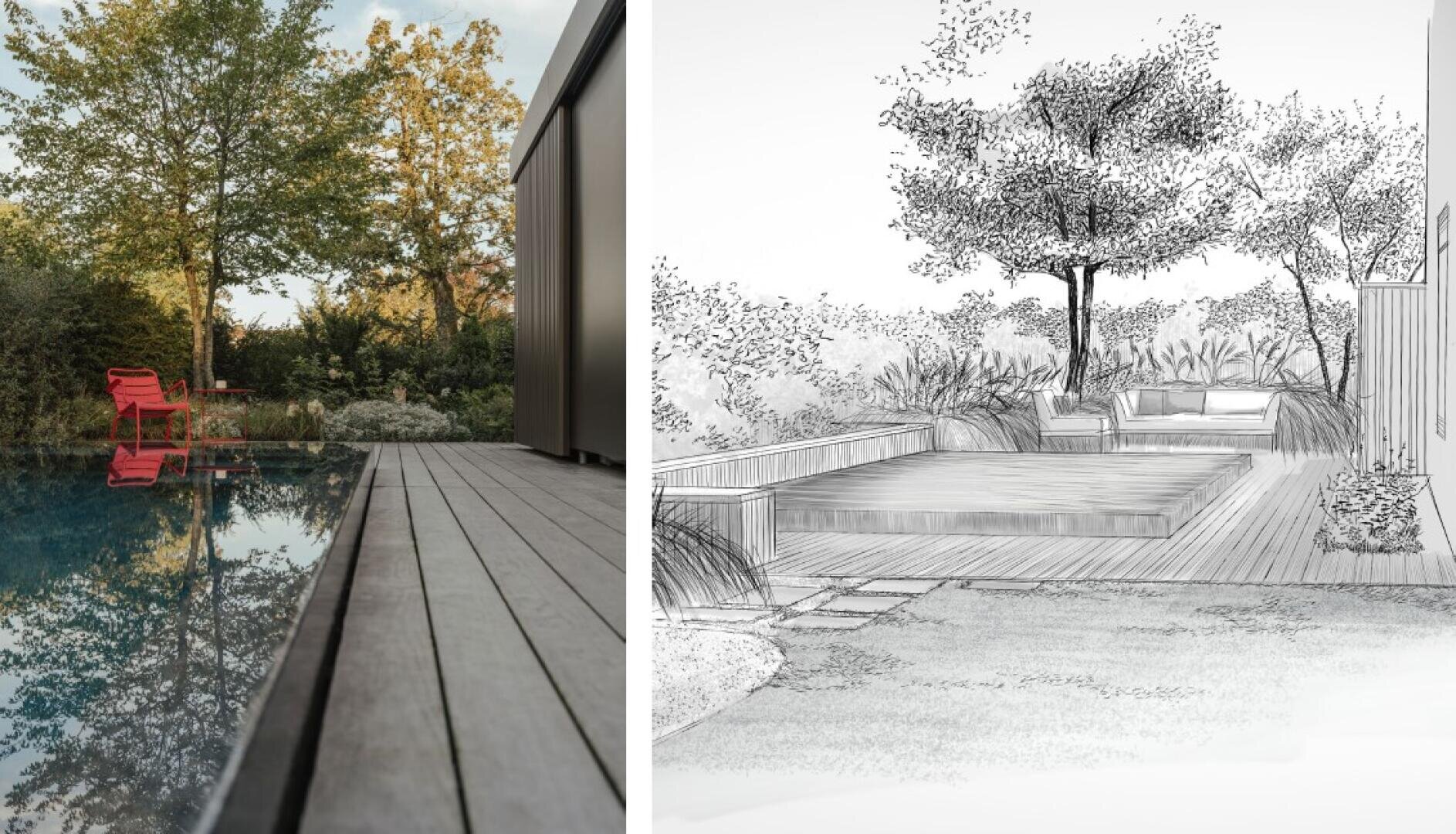 Eine Hinterhofszene mit einer Holzterrasse, einem Pool und roten Stühlen auf der linken Seite, daneben eine Schwarz-Weiß-Skizze desselben Bereichs mit Bäumen, Büschen und Sitzgelegenheiten im Freien.