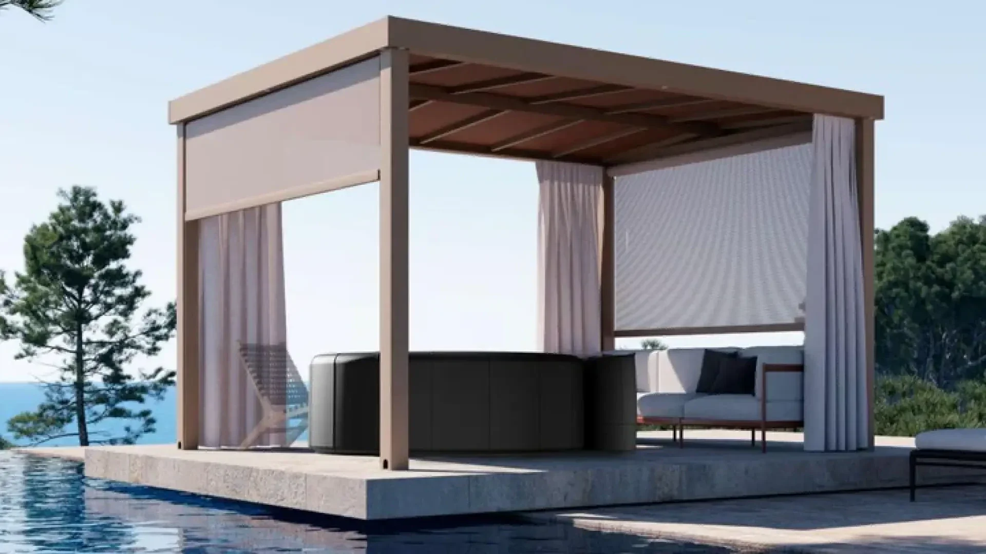 A modern outdoor pergola with curtains and a shaded lounge area stands beside a pool, overlooking trees and a distant view of the sky. There is a black hot tub and a sofa under the pergola.