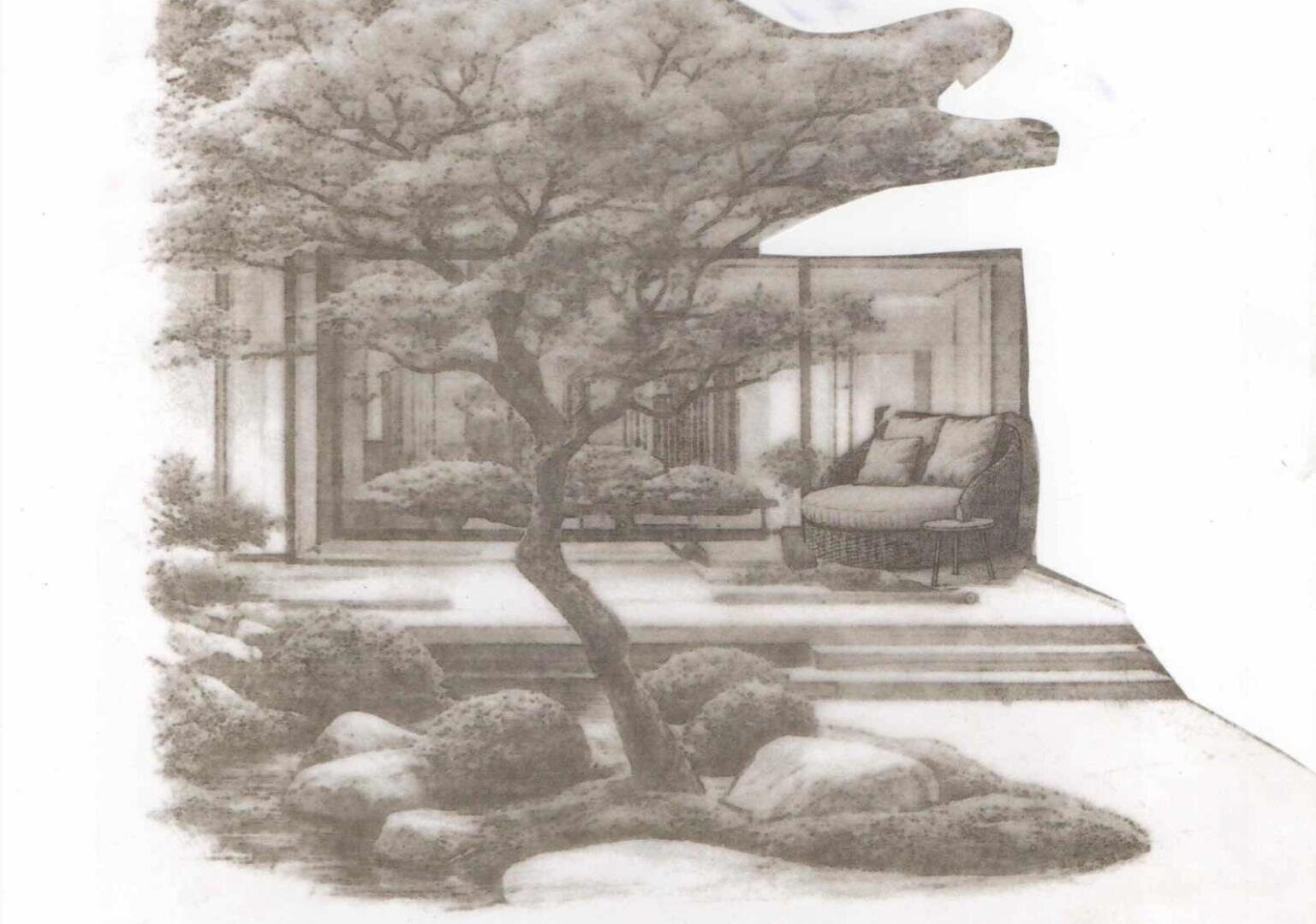 Eine schattierte Bleistiftskizze einer ruhigen Gartenszene mit einem großen Baum, Felsen, Sträuchern und einem gemütlichen Stuhl im Freien auf einer kleinen Terrasse in der Nähe von Glastüren.