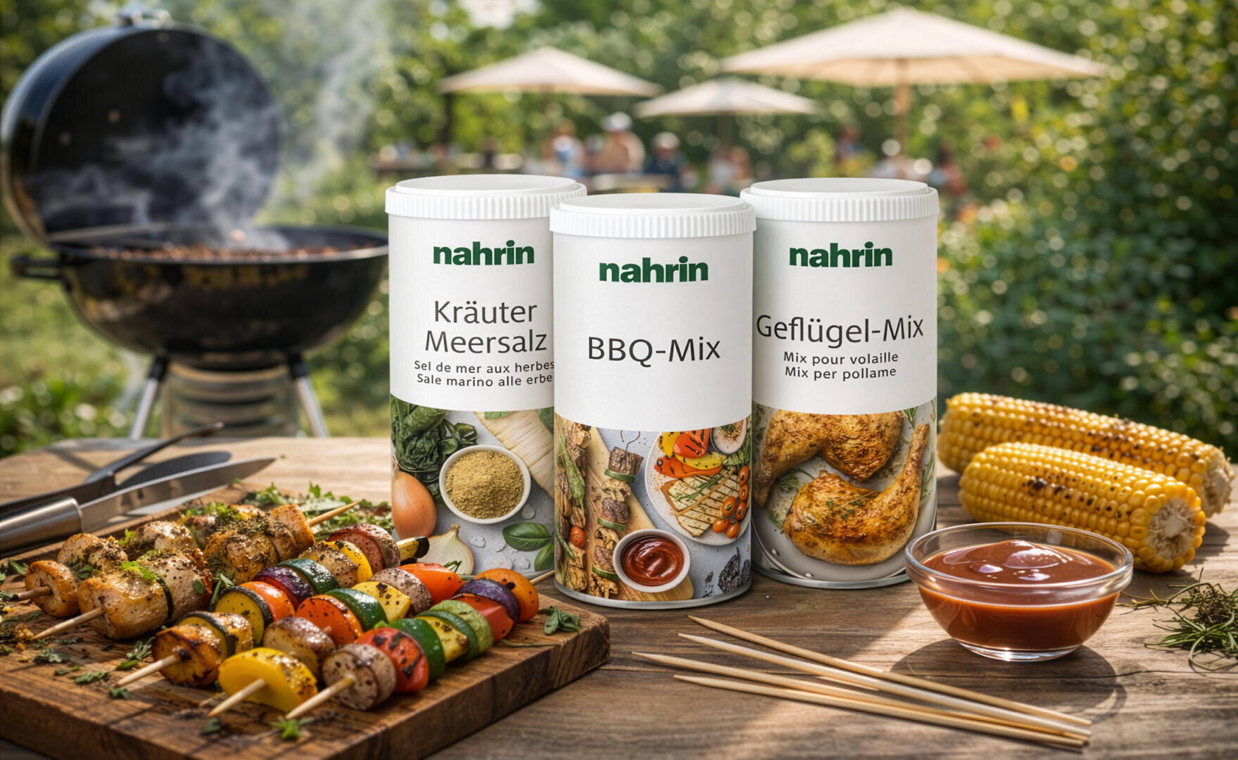 Three spice containers labeled Herb Sea Salt, BBQ Mix and Poultry Mix stand on a table with grilled vegetables, corn and sauce. A barbecue and outdoor seating can be seen in the background.