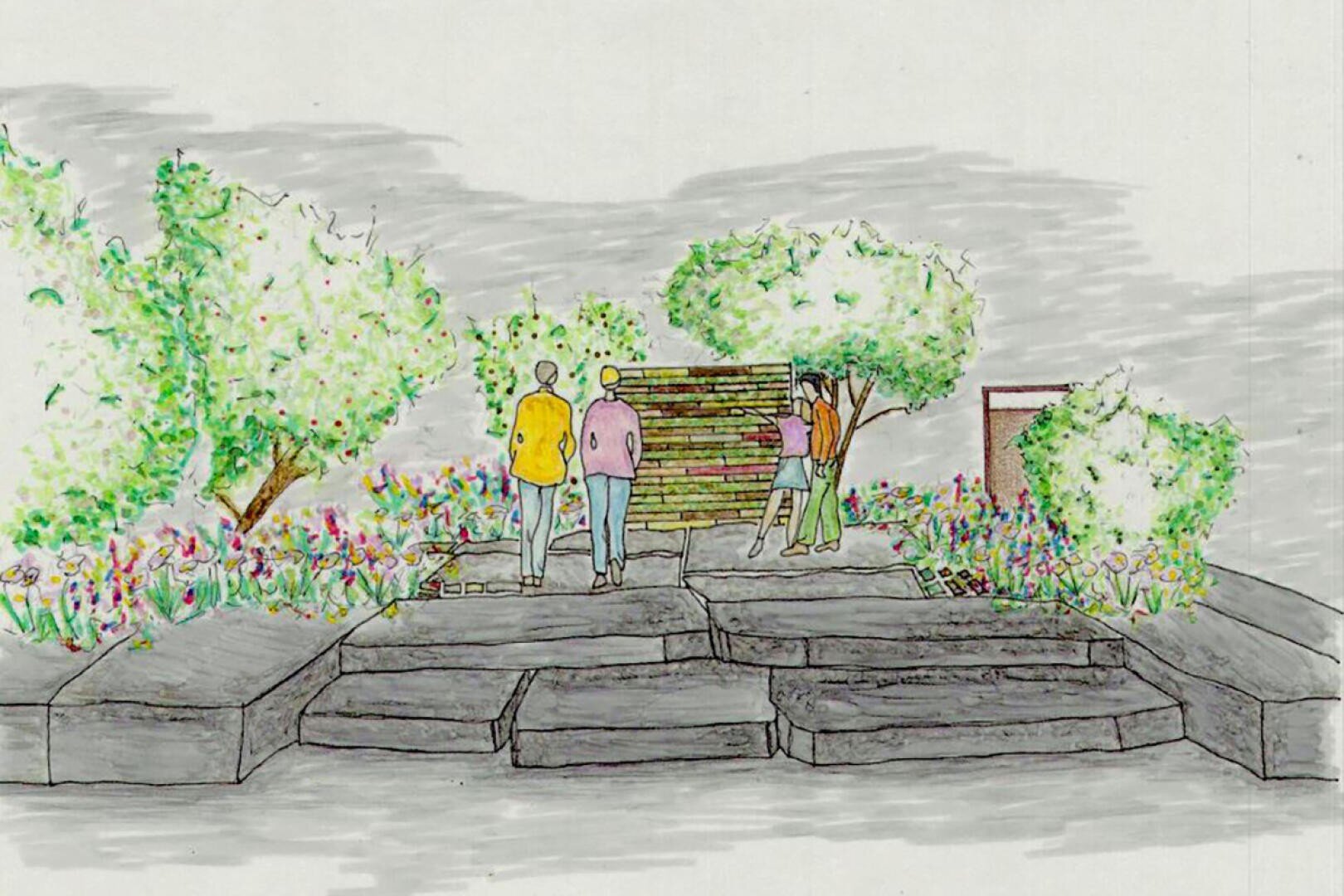 Eine handgezeichnete Szene mit drei Personen, die auf Steinstufen stehen, umgeben von bunten Blumen und Bäumen, und auf eine Holzwand oder ein Schild in einem Landschaftsgarten schauen.