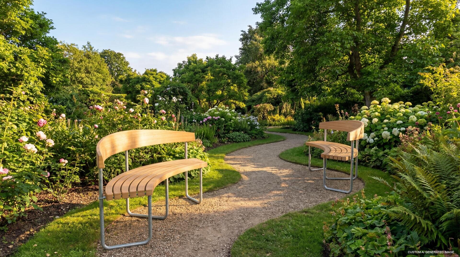 A curved gravel path winds through a lush garden with blooming flowers and green trees, flanked by two modern wooden benches with metal legs on either side of the path.