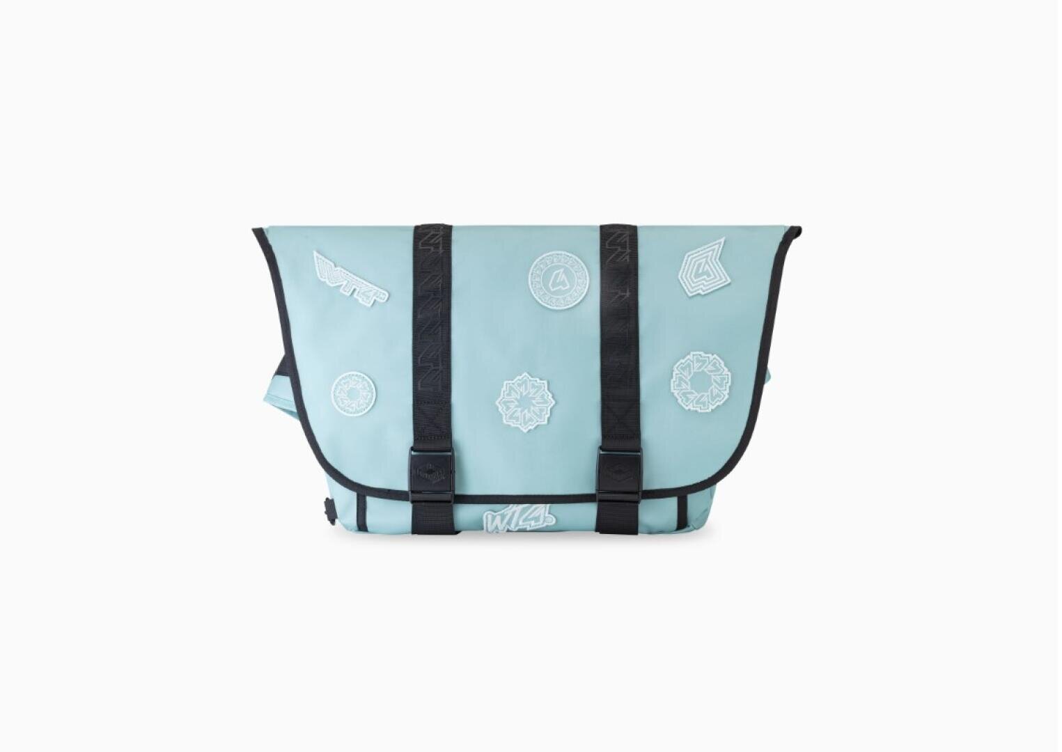 A light blue shoulder bag with black straps and white patches on a white background.
