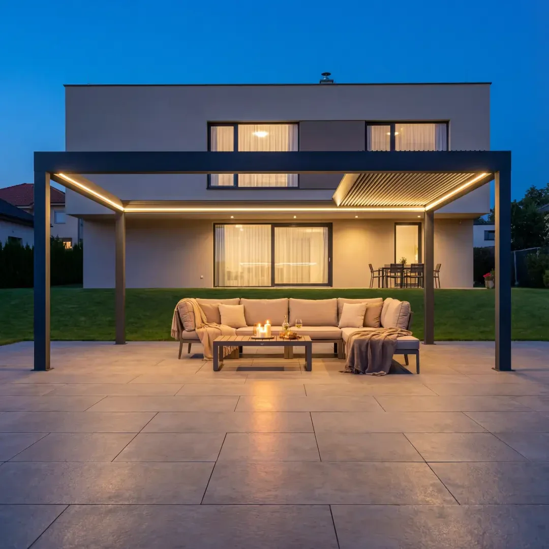 A modern backyard at dusk with a pergola with soft lighting, a large beige sofa outside, a coffee table with candles and a modern two-story house in the background.