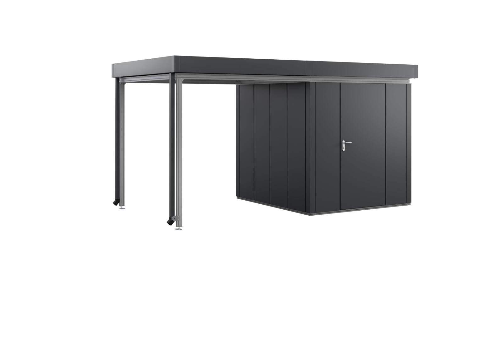 A modern, dark gray metal shed with a flat roof, a single door and an attached covered area with an open side supported by two posts on the left side, all against a white background.