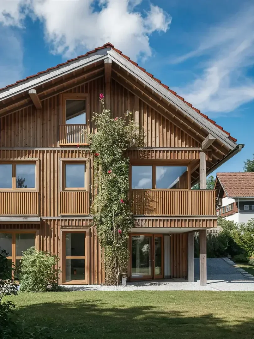 A modern wooden house with a gabled roof, large windows and a balcony. A tall climbing plant with pink flowers grows on the façade and the house is surrounded by a green lawn under a blue sky with clouds.