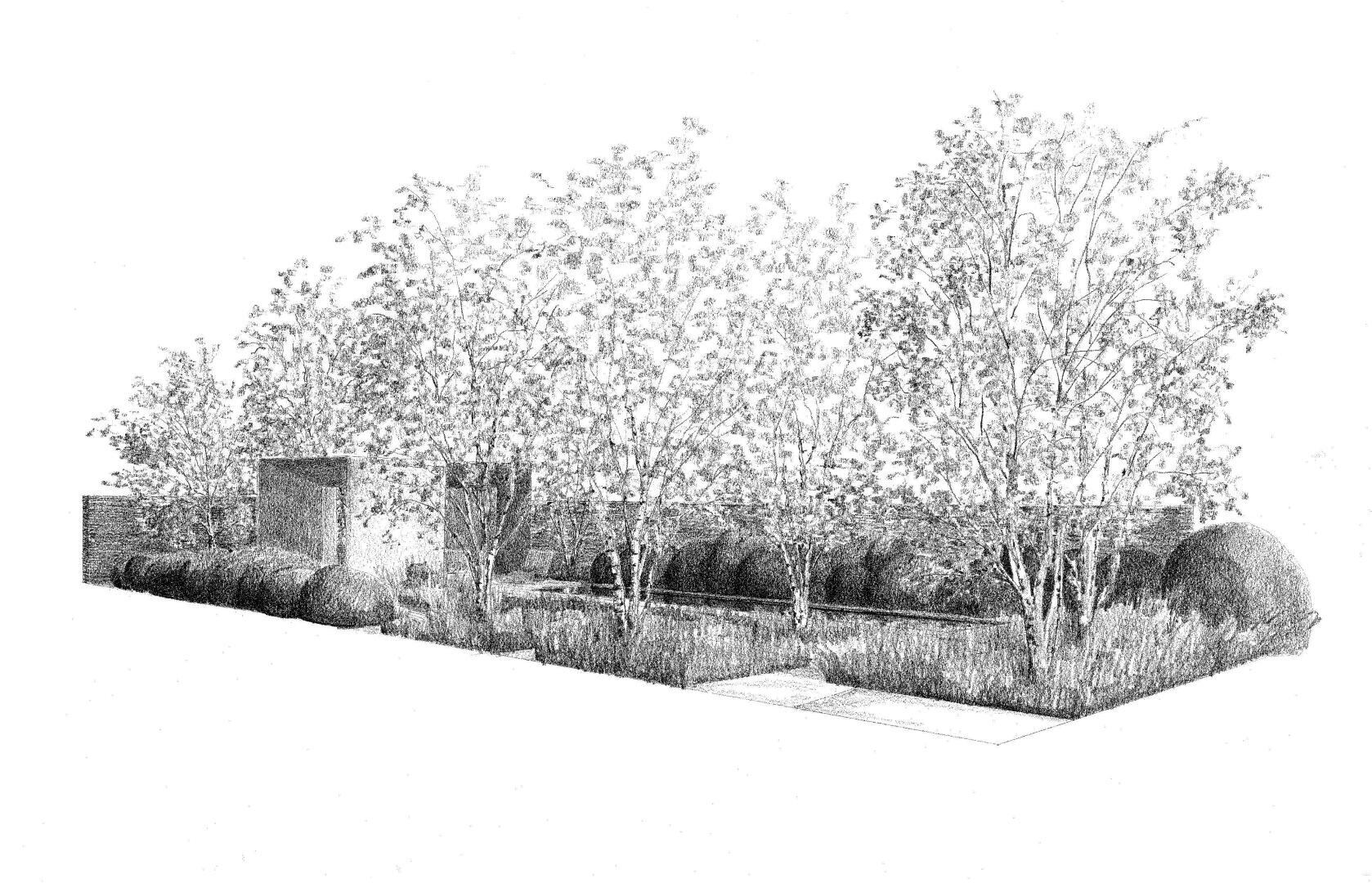Detaillierte Schwarz-Weiß-Zeichnung eines Landschaftsgartens mit belaubten Bäumen, niedrigen Sträuchern, kugelförmigen und zylindrischen Steinskulpturen, einem rechteckigen Wasserspiel und Ziegelmauern im Hintergrund.