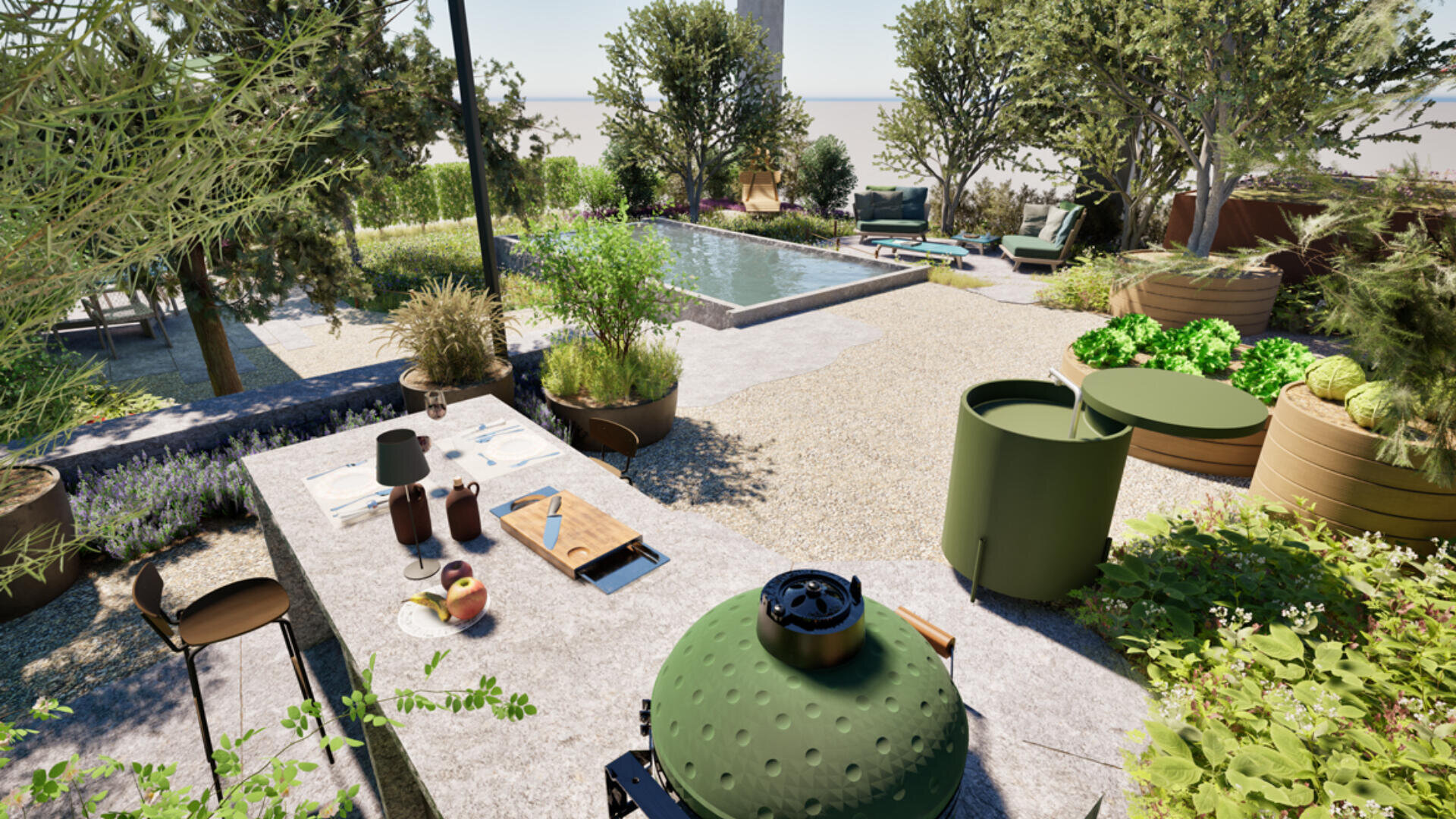 Im Garten gibt es einen Esstisch für vier Personen, einen grünen Grill, verschiedene Topfpflanzen und einen kleinen rechteckigen Pool, der von Bäumen und Liegestühlen auf einer Kiesfläche umgeben ist.