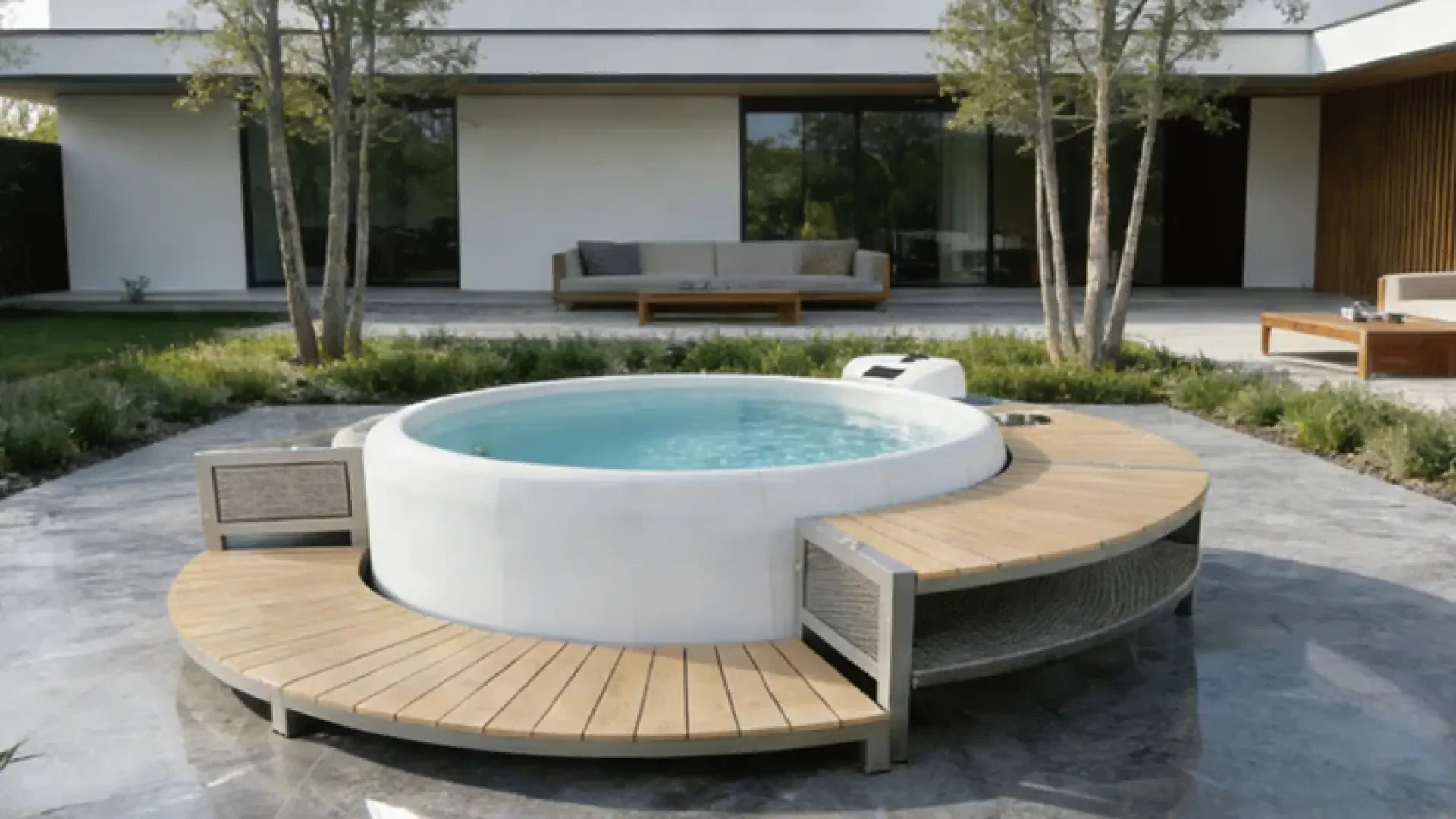 Ein moderner runder Whirlpool mit weißem Äußeren und Sitzgelegenheiten aus Holz steht in einem begrünten Garten mit Bäumen, Gras und Terrassenmöbeln in der Nähe eines modernen Hauses.