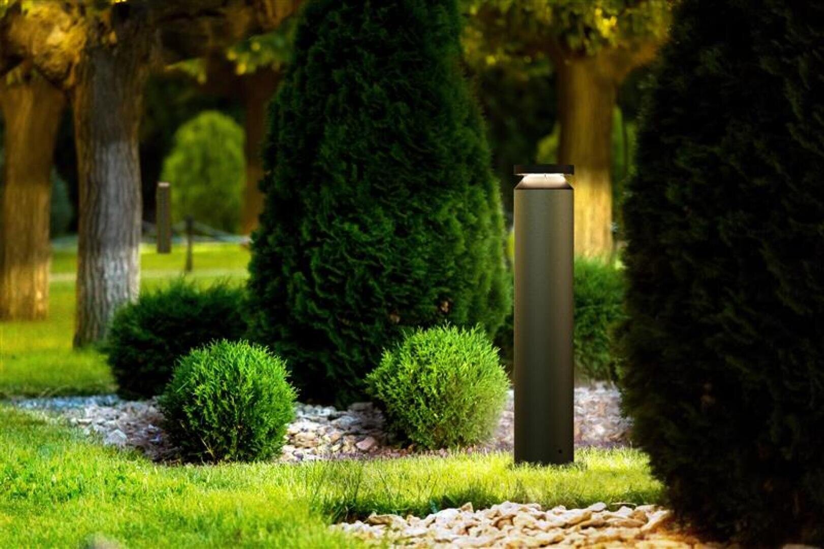 A garden with green grass, small shrubs and trees is illuminated by a modern cylindrical outdoor luminaire that lights up the area.