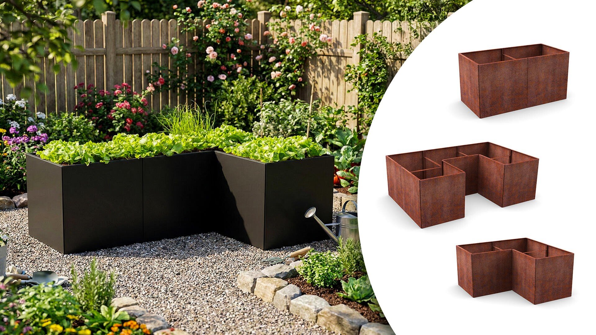 A garden with large, modular raised metal beds planted with green plants. On the right, three product images show different configurations of the modular planters against a white background.