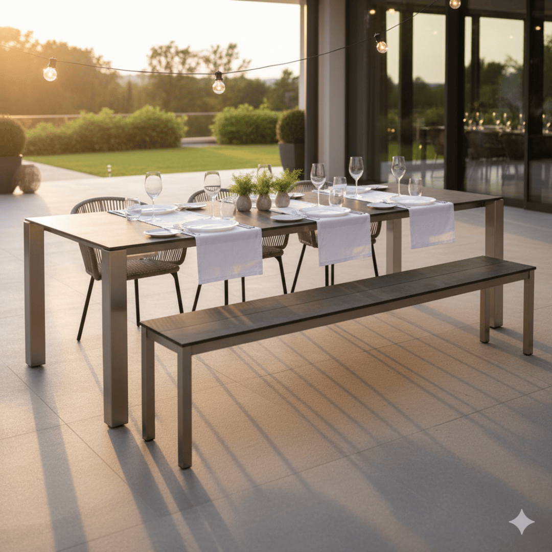 Ein moderner Esstisch im Freien mit Tellern, Gläsern und Servietten, umgeben von Stühlen und einer Bank. Darüber hängen Lichterketten, und im Hintergrund geht die Sonne über einem angelegten Garten unter.
