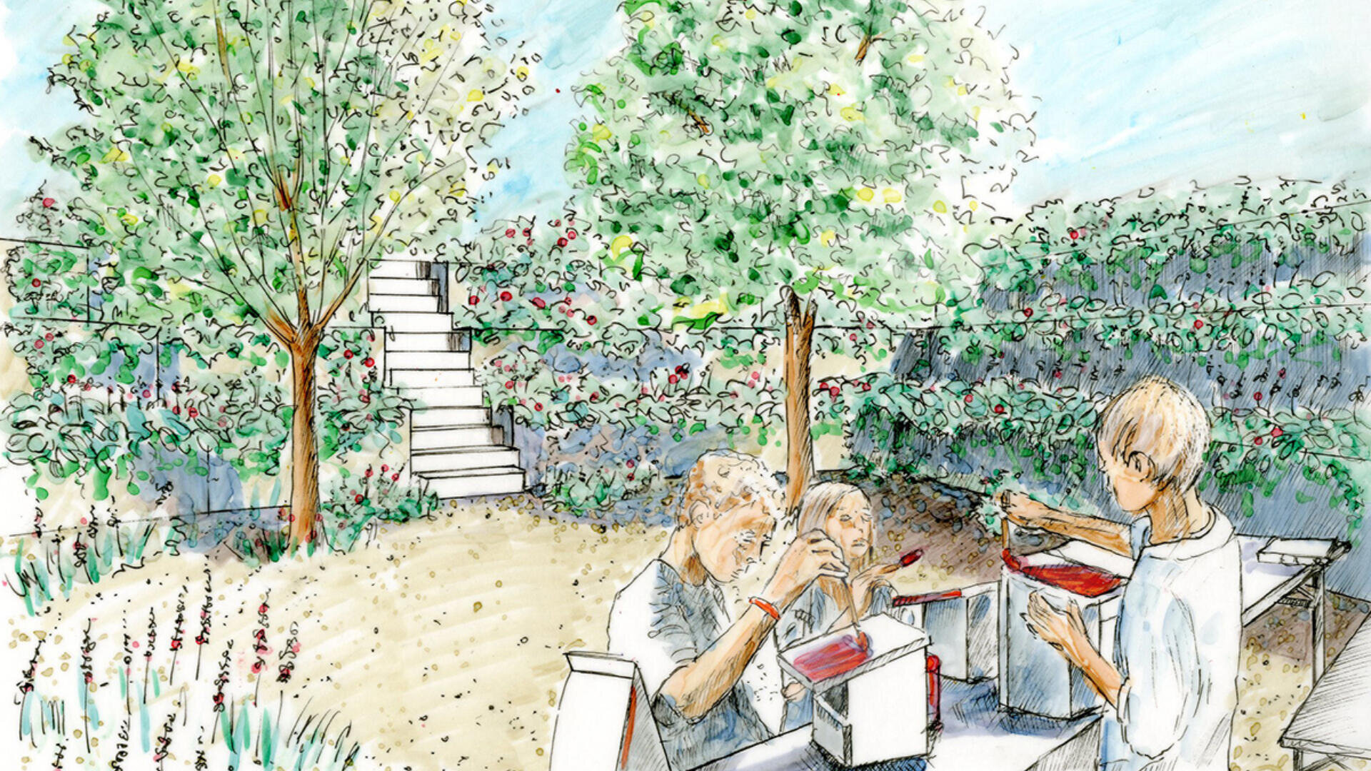 Eine handgezeichnete Illustration von drei Personen, die an einem Tisch im Freien sitzen und Gegenstände zusammenstellen. Der Garten zeigt zwei große Bäume, blühende Pflanzen und eine Treppe, die im Hintergrund nach oben führt.
