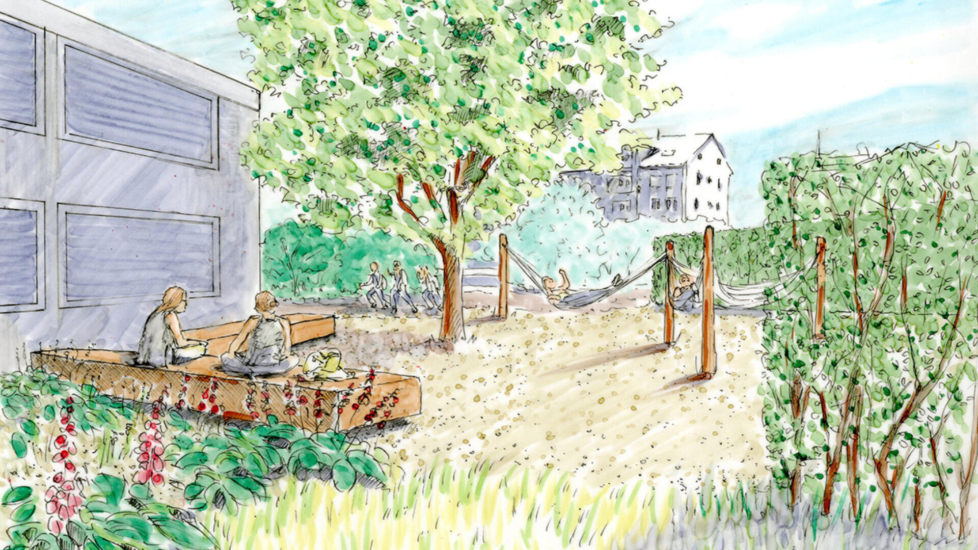 Illustration eines Außenbereichs mit Bänken, Menschen, die sitzen und sich unterhalten, einem großen Baum, einem sandigen Platz mit Hängematten, Grünpflanzen und Gebäuden im Hintergrund unter blauem Himmel.