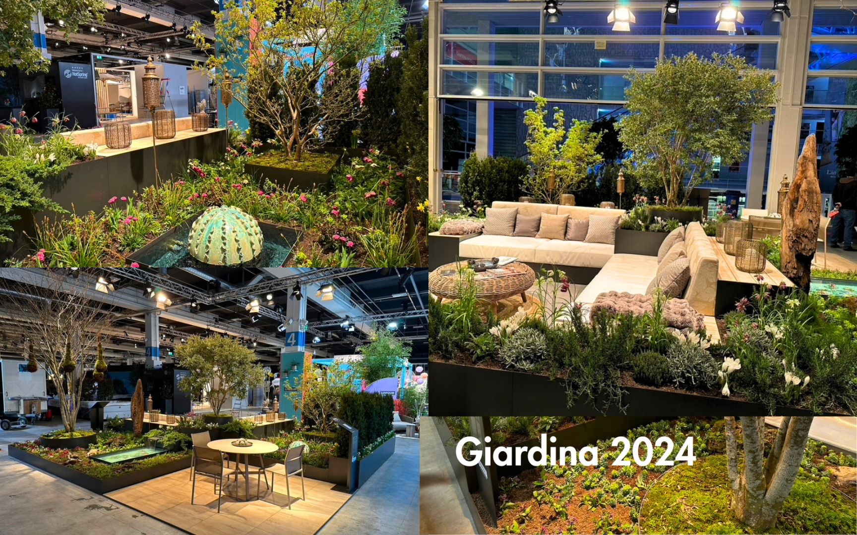Eine Collage aus Indoor-Gärten an der Giardina 2024 mit üppigem Grün, Kakteen, Sitzecken mit Sofas und Tischen und modernen Landschaftselementen unter heller Beleuchtung in einem großzügigen Raum.