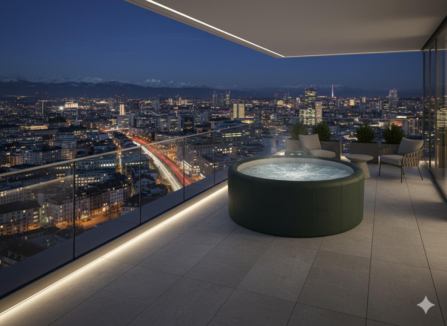 The rooftop terrace features a circular whirlpool with bubbling water, modern outdoor seating, and a glass railing overlooking the city's illuminated skyline.