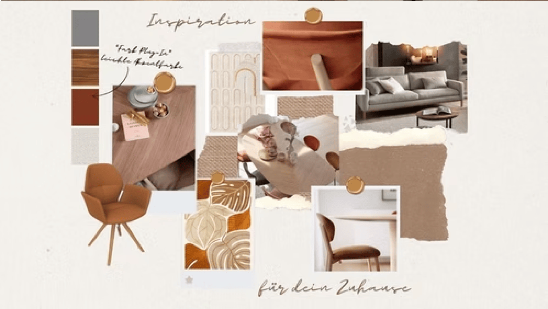 A mood board featuring neutral and warm earth tones, fabric swatches, patterns, furniture pieces like a brown chair and gray sofa, and decor elements, labeled “Inspiration” and “für dein Zuhause” (for your home) in German.