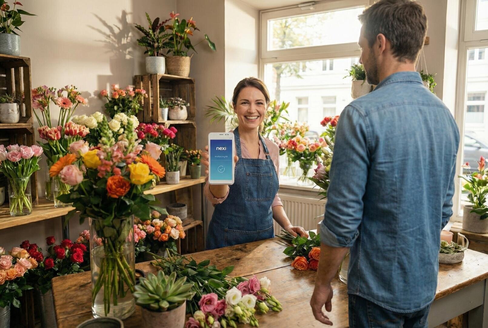 A smiling florist in an apron holds out a card payment terminal to a male customer in a flower store filled with colorful bouquets and potted plants.
