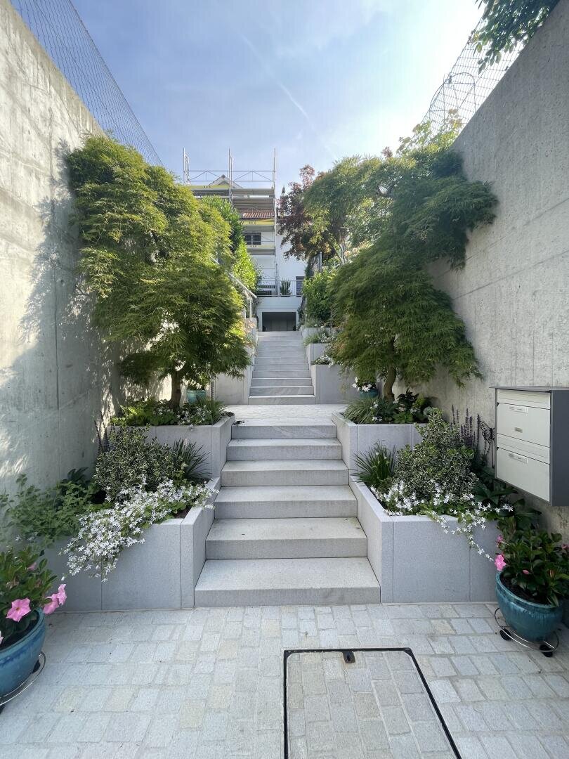 Eine moderne Außentreppe wird von üppig grünen Bäumen und weißen Blumenkübeln flankiert und führt zu einem Haus mit einem sonnigen Himmel darüber. Die Szene wird auf beiden Seiten von Betonmauern eingerahmt.