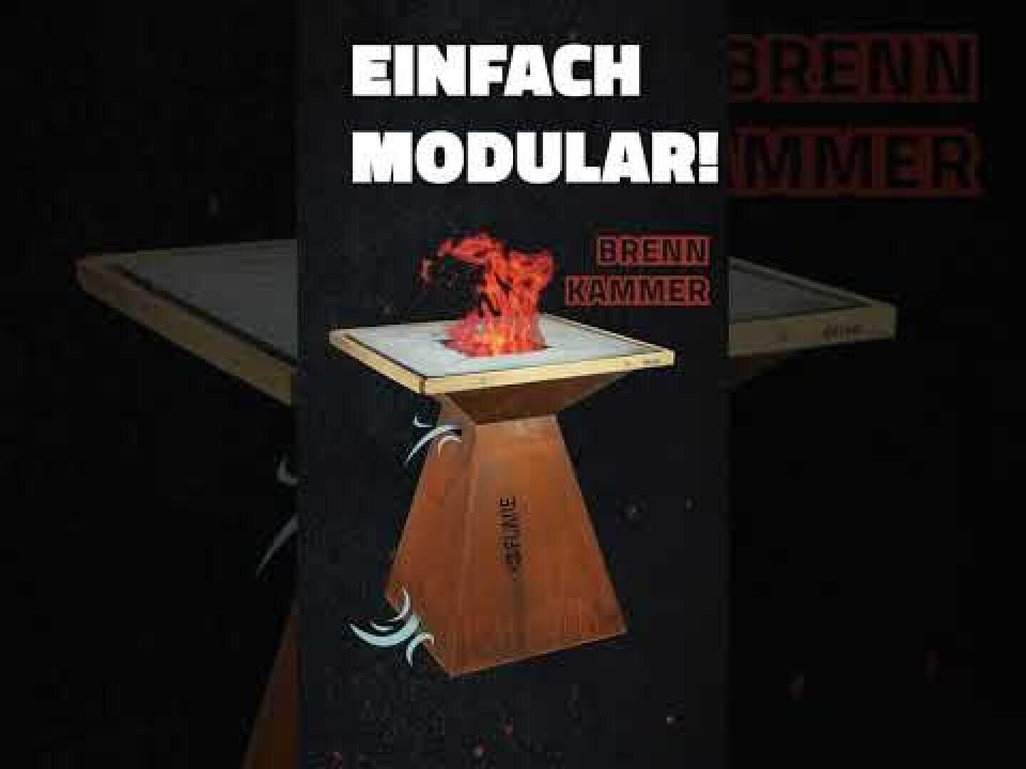 A modern, triangular fireplace with flames at the top is depicted against a dark background. Above it, in bold white lettering, it says EINFACH MODULAR! and a small red label reads BRENN KAMMER.