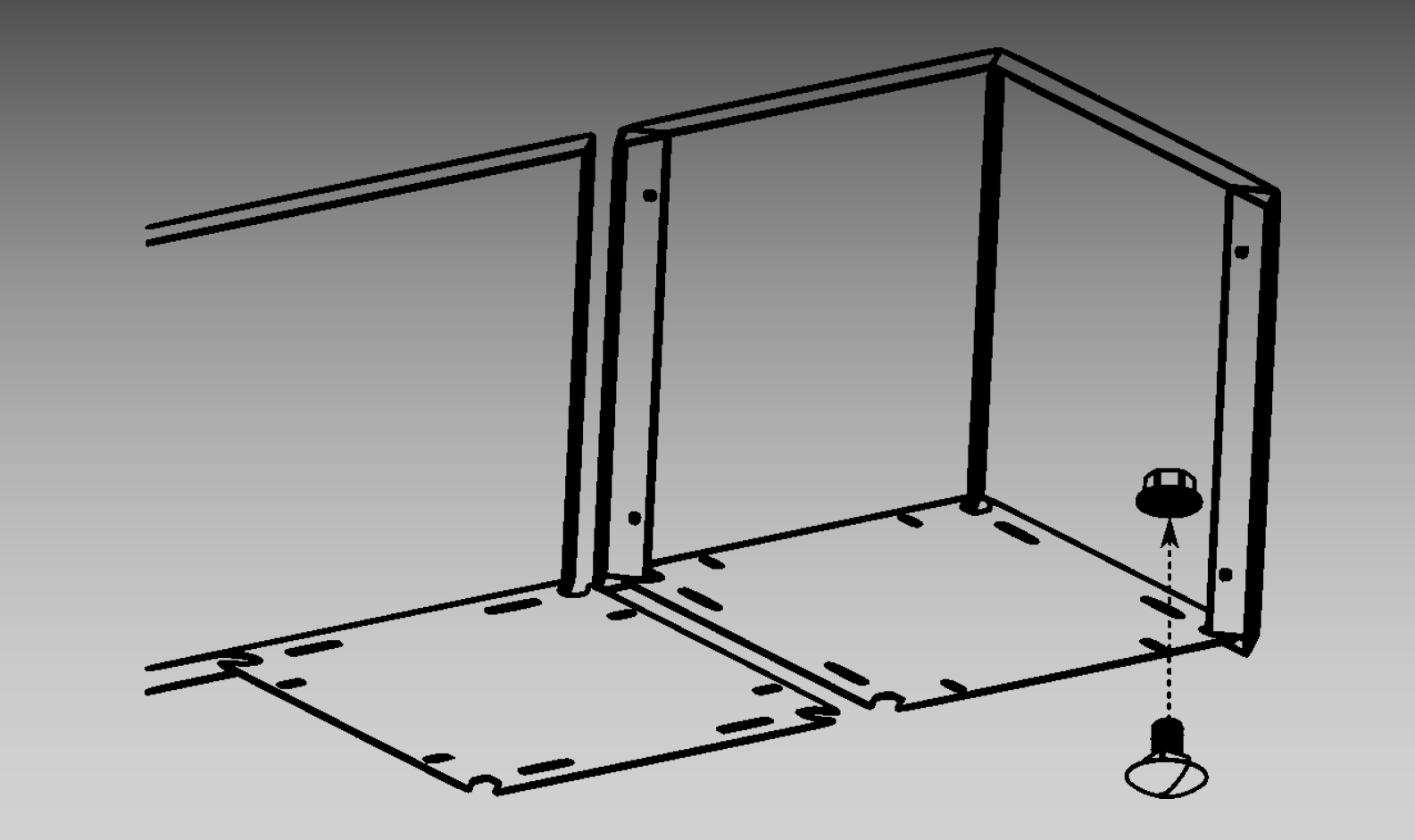 Line drawing of two rectangular frames joined at a corner, with a bottom panel shown partially installed. An arrow points to a screw and Allen key, indicating where to fasten the bottom panel to the frame.